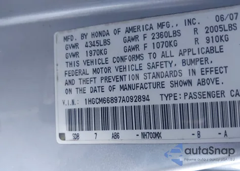 2007 Honda Accord 3.0 Ex из США, поврежденный, VIN 1HGCM66897A092894